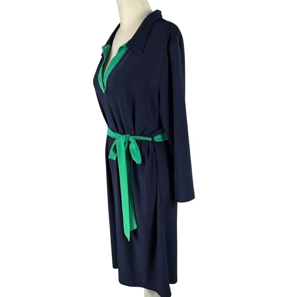 Birdie James Authentic Chic Navy Blue & Green Trim Wrinkle-Free Dress Size Med - Picture 2 of 7